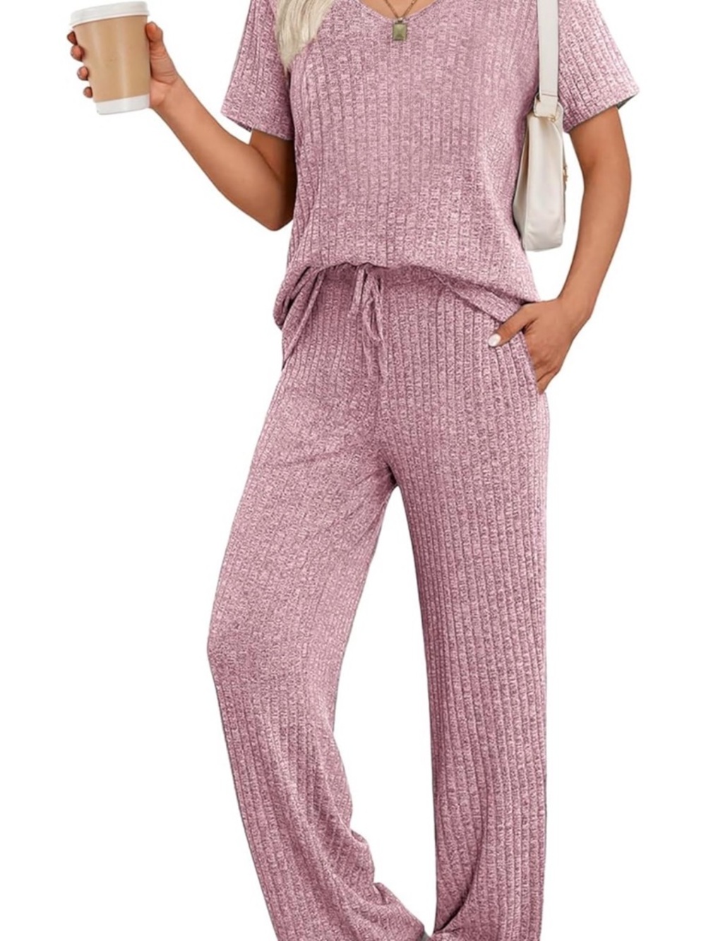 Cozy Ribbed Knit Two-Piece Pantsuit - Dusty Rose